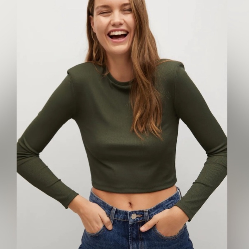 Mango Ribbed Crop Top long sleeve green with removable pads NWT
